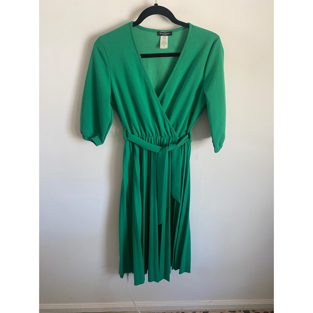 Samuel Joseph New York Green Wrap Front Pleated Midi Dress BR54555 Made in USA S